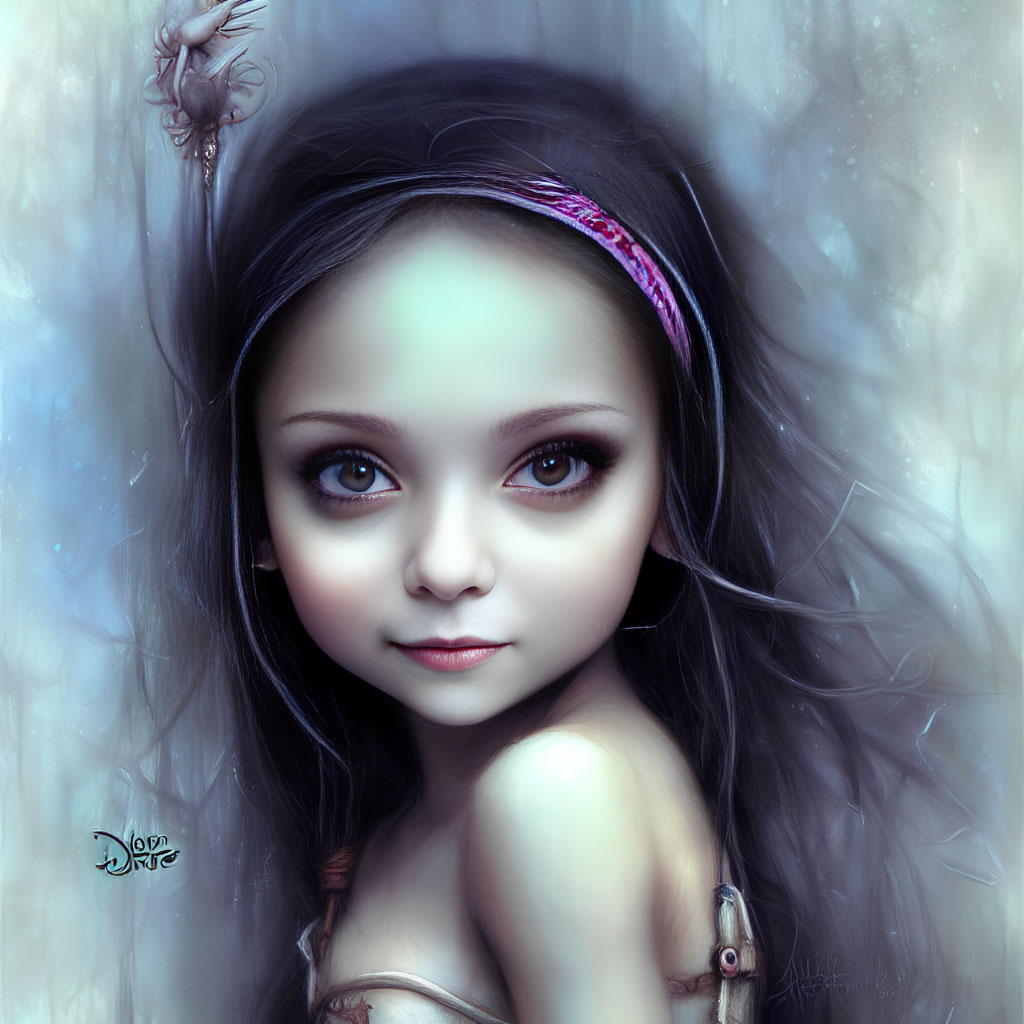 Young girl digital artwork with expressive eyes, headband, and feather against ethereal background