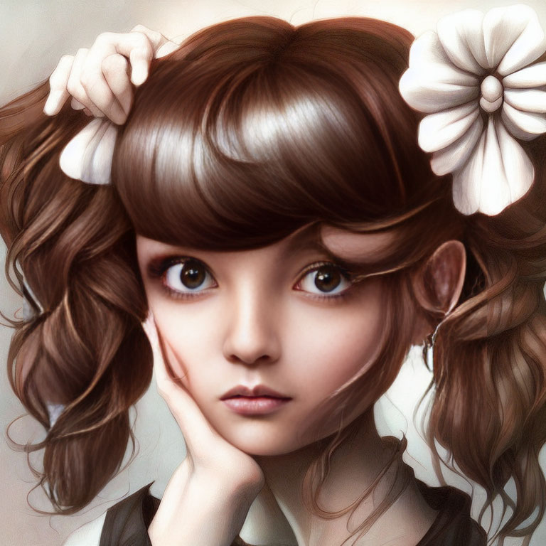 Girl with Large, Expressive Eyes and Curly Brown Hair Illustration