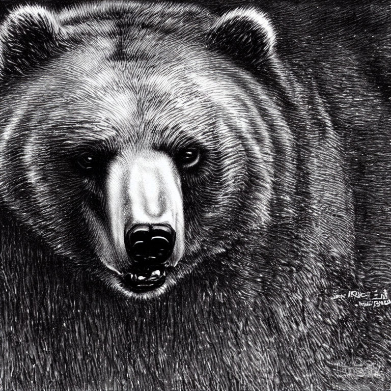 Detailed black and white bear head drawing with focused gaze and intricate fur textures.