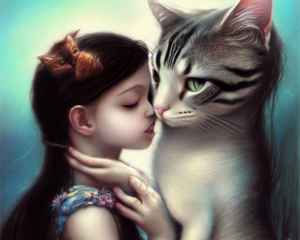 Young girl with grey cat and orange kitten in tender moment