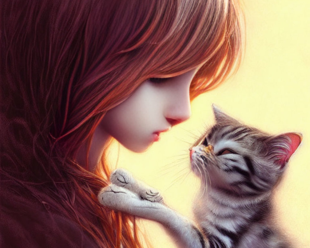 Woman with long brown hair cradling grey striped kitten in heartwarming scene