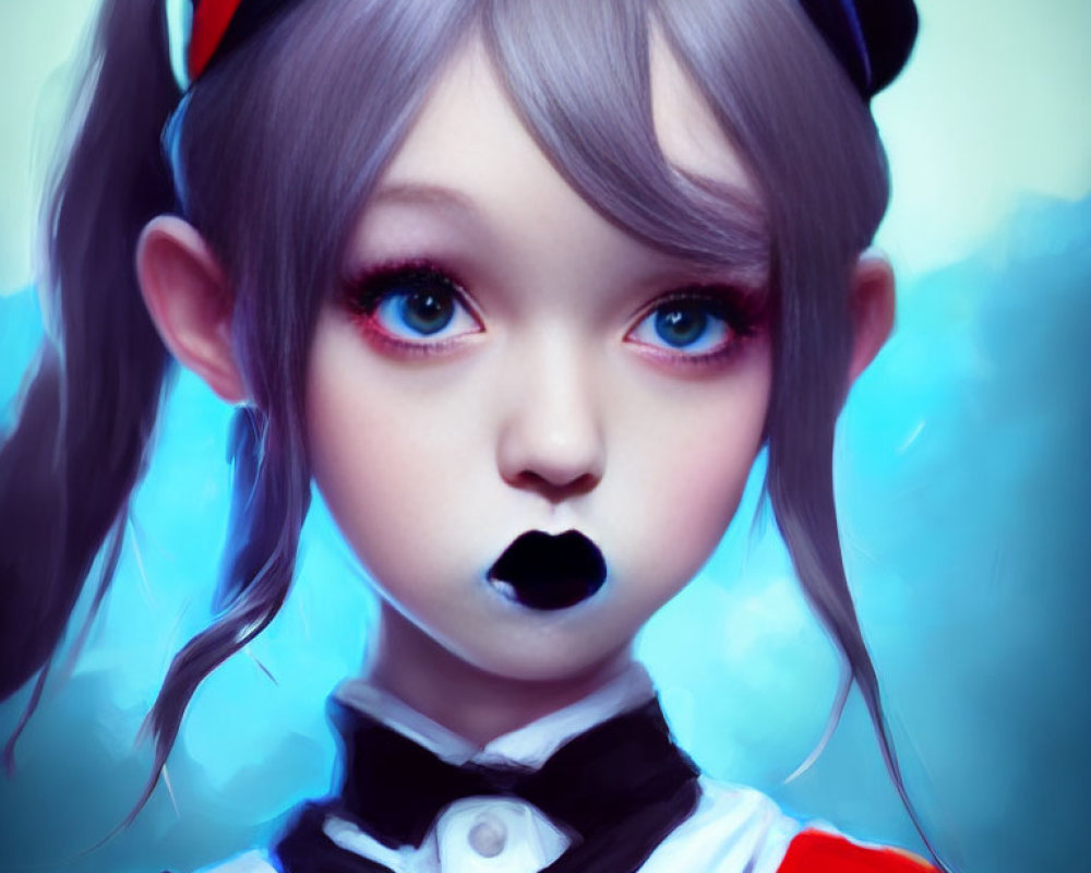 Illustrated portrait of a girl with blue eyes, black lipstick, twin braids, black & white