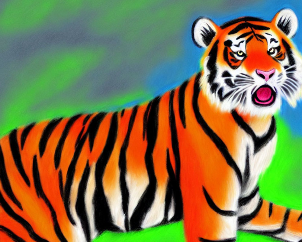 Vibrant Tiger Drawing on Green Grass and Blue Background