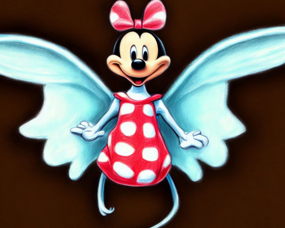 Smiling female mouse character in red polka dot dress with fairy wings