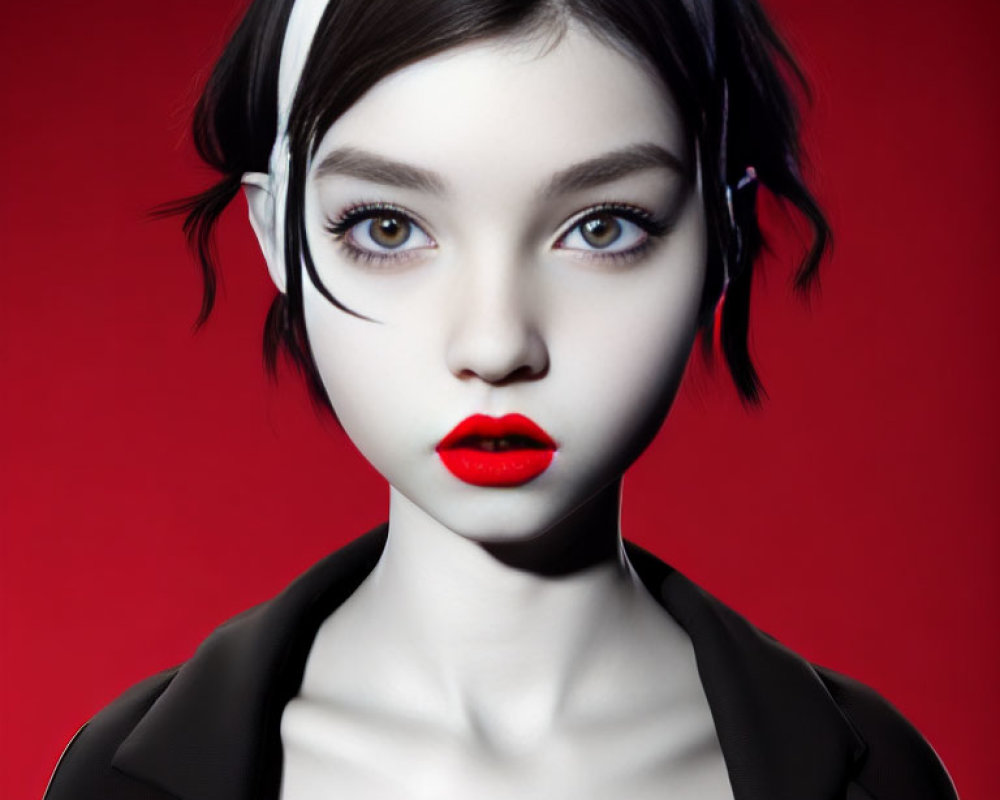 Digital artwork: Woman with red lipstick, pale skin, brown eyes, black top, white headphones on