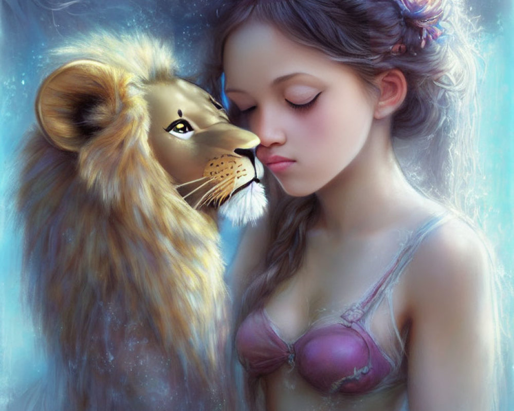 Digital painting of woman and lion in tender moment with calm expressions in ethereal blue glow