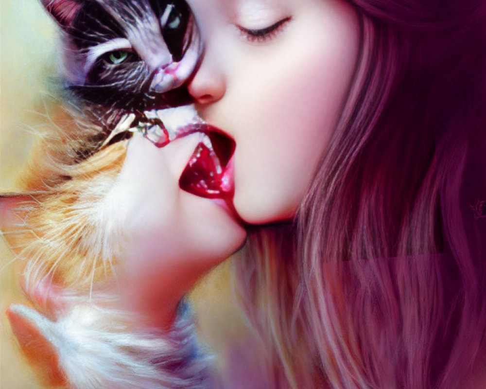 Illustration of woman kissing two-faced cat in surreal blend of reality and fantasy