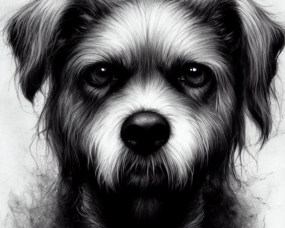 Detailed grayscale drawing of expressive scruffy dog with intricate fur textures