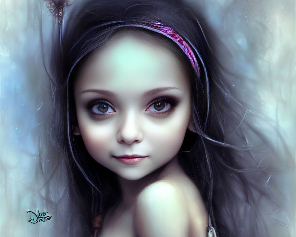 Young girl digital artwork with expressive eyes, headband, and feather against ethereal background