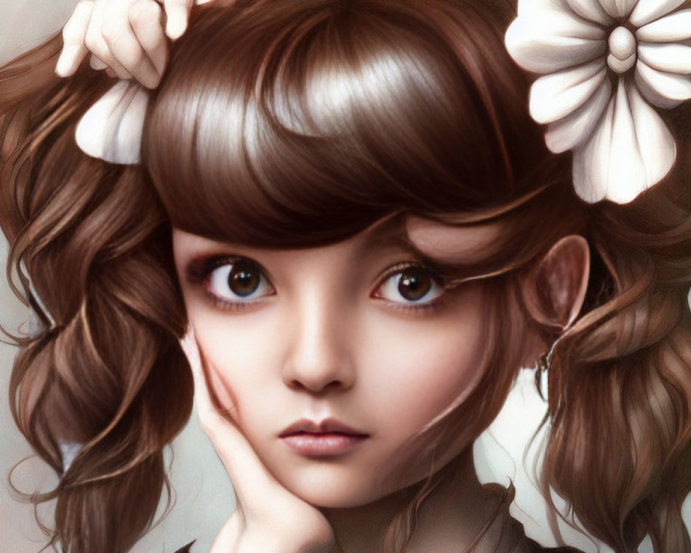 Girl with Large, Expressive Eyes and Curly Brown Hair Illustration