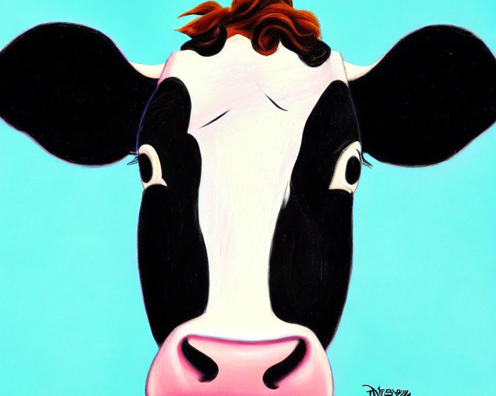 Whimsical cow face painting on bright blue background