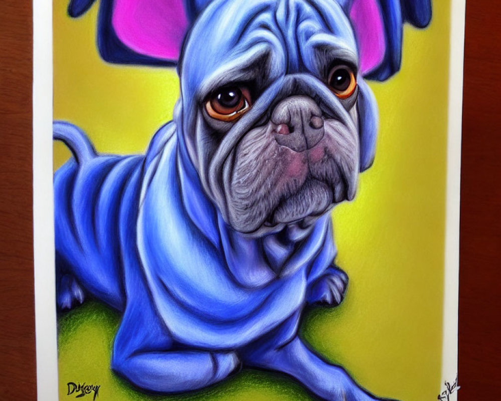 Blue pug with pink ears on green surface against yellow background