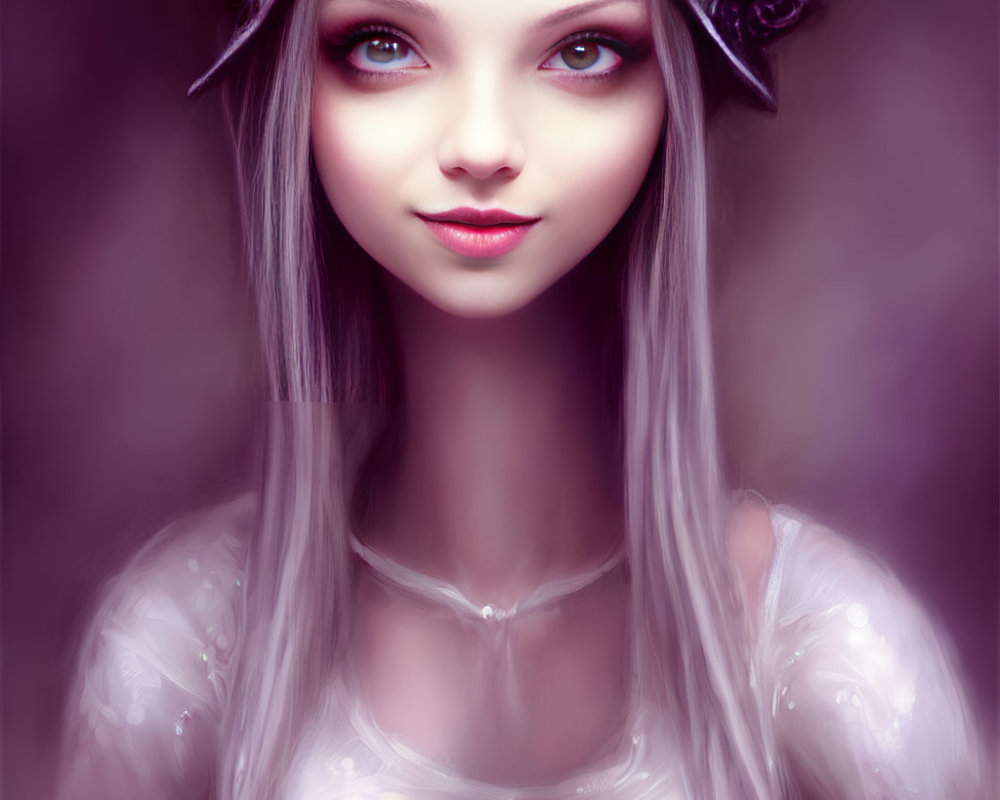 Fantasy female character with blue eyes, silver horns, and white garment