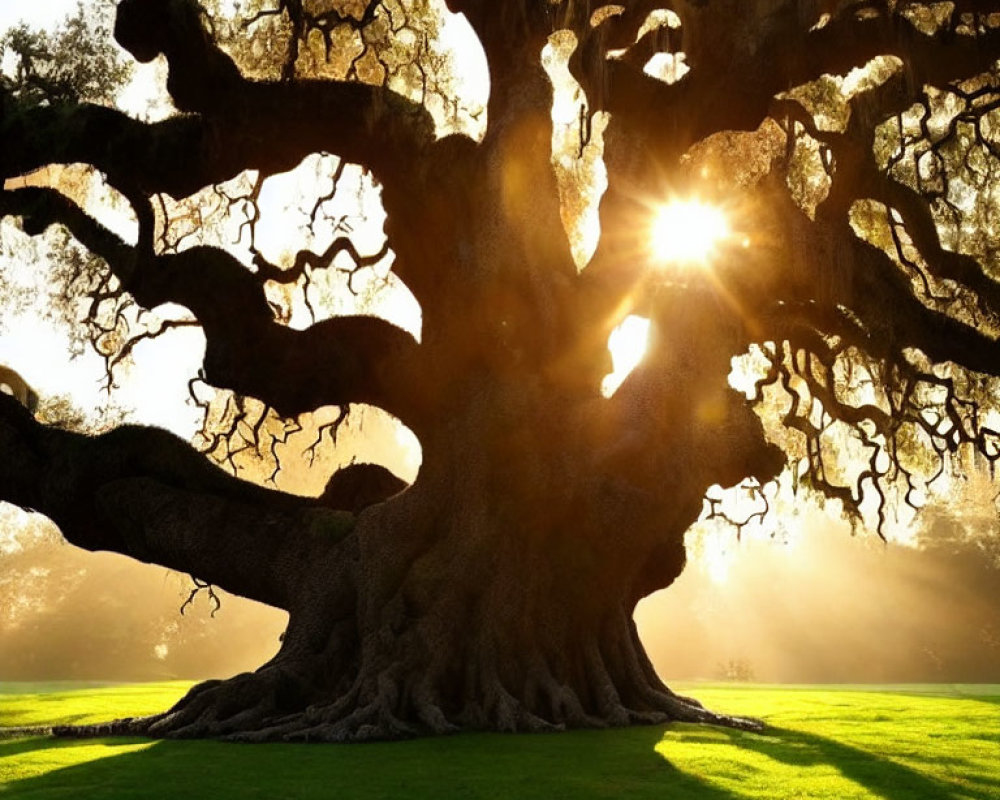 Sunlight through twisted oak branches on green meadow