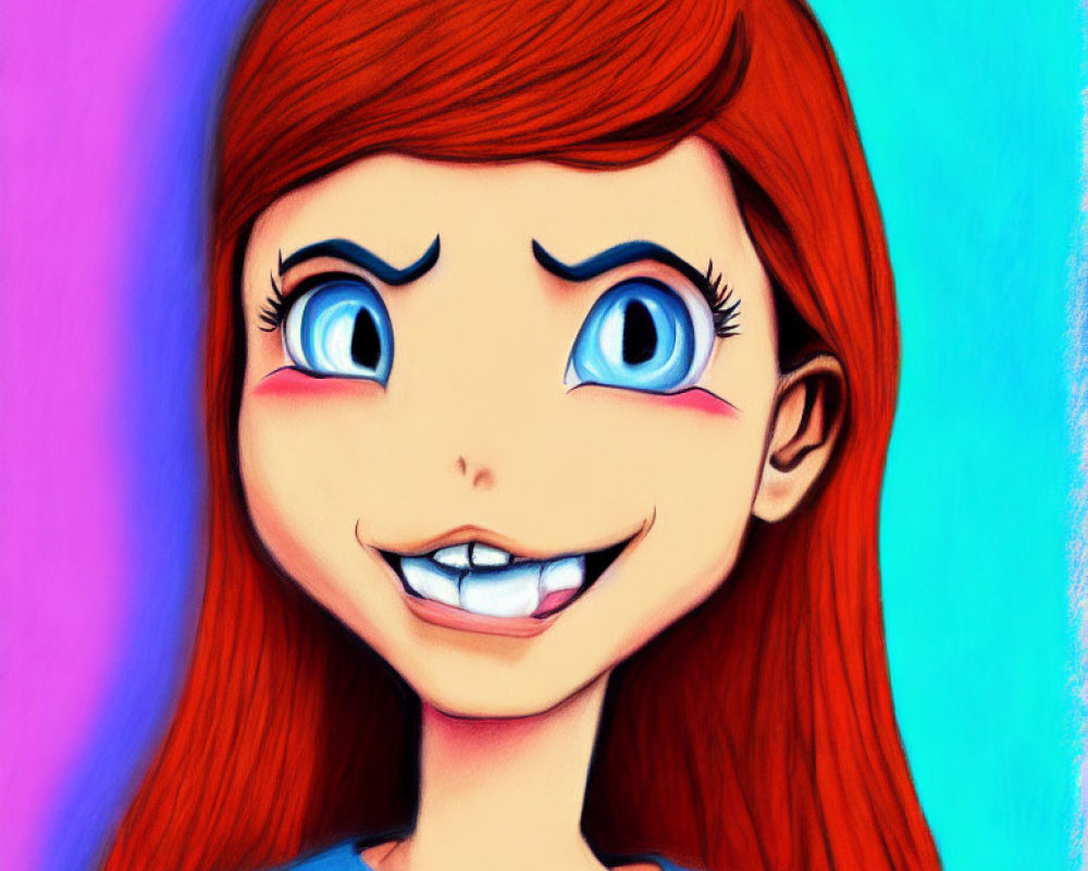 Colorful digital illustration: Smiling girl with red hair and blue eyes on vibrant background