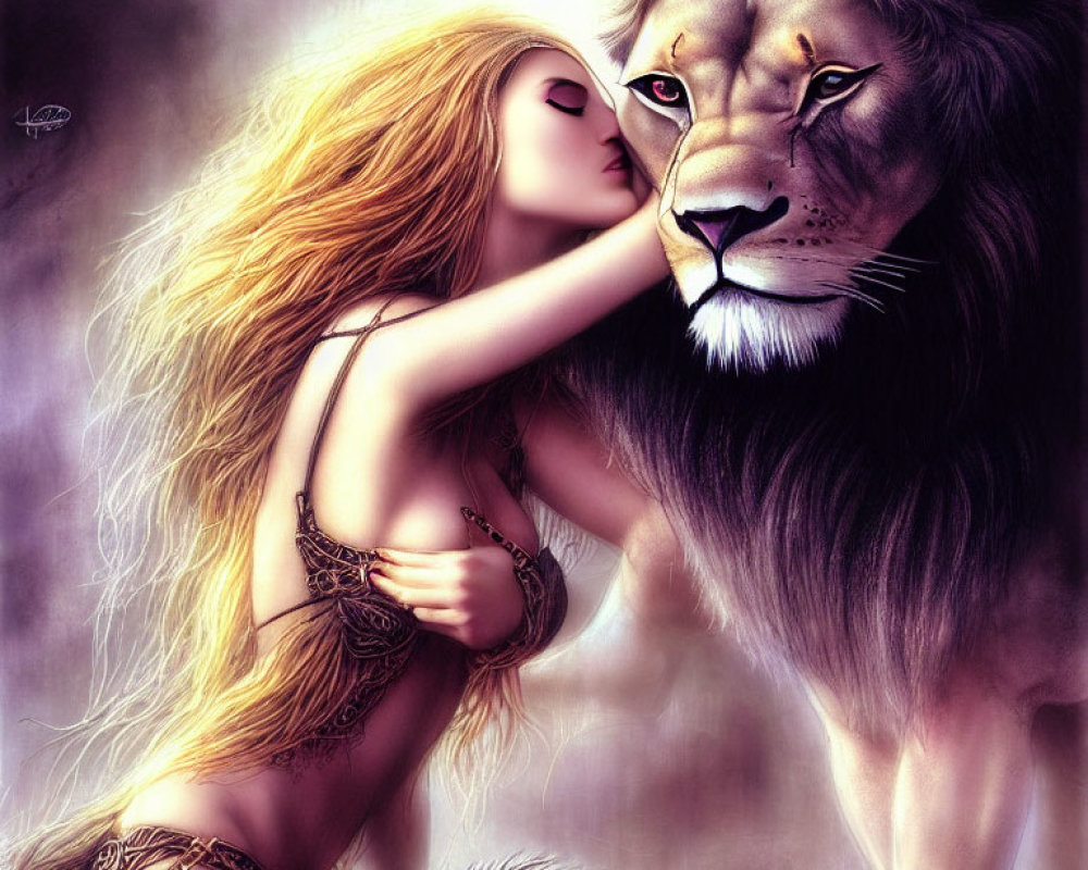 Blonde Woman in Tribal Attire Embraces Majestic Lion