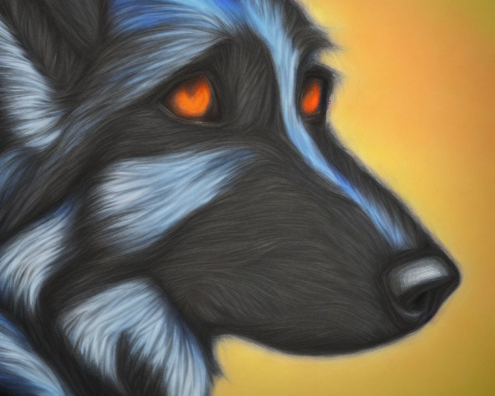 Colorful Wolf Illustration with Orange Eyes and Blue-Gray Fur