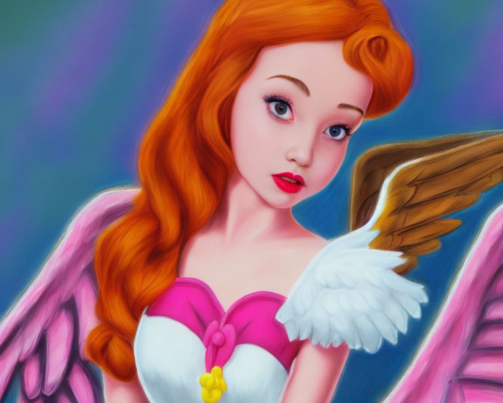 Vibrant fairy illustration with pink wings and red hair