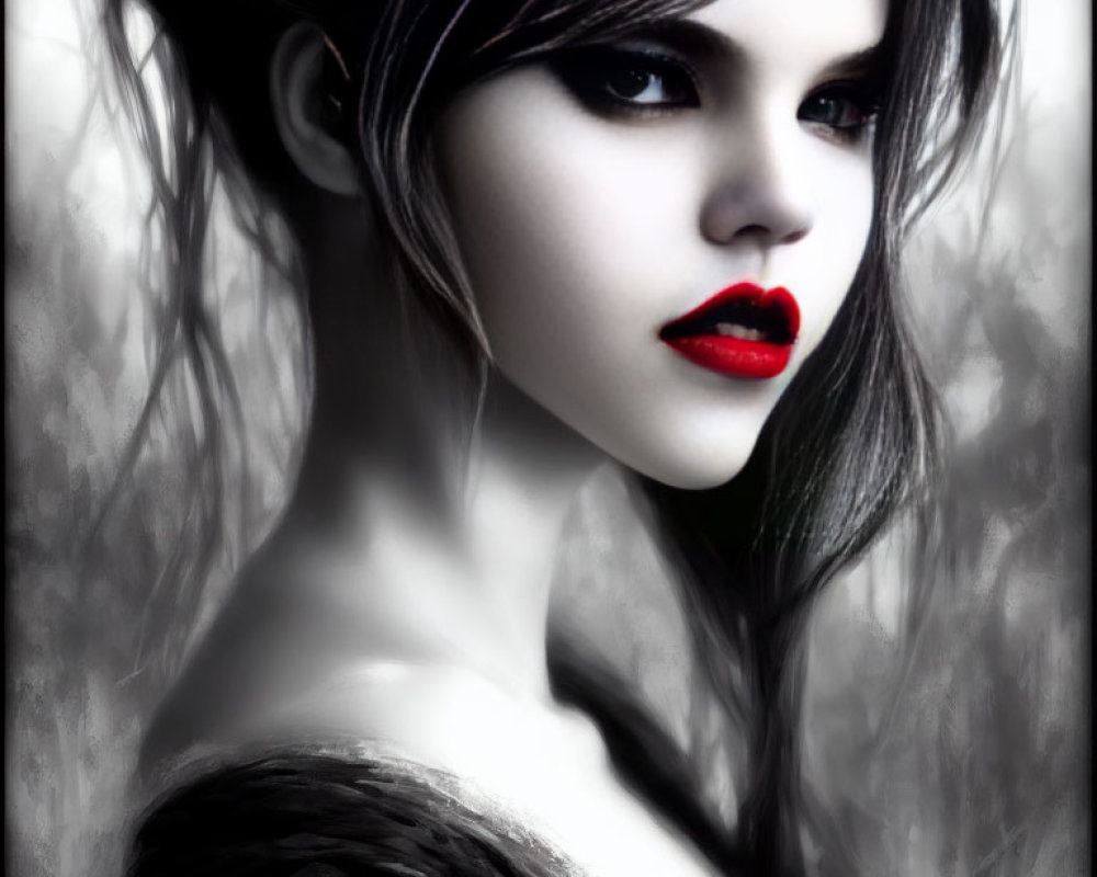 Monochromatic portrait of woman with red lips and dark eye makeup