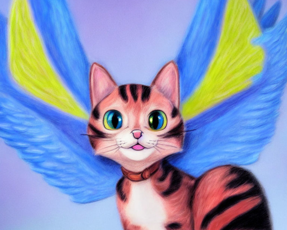 Whimsical cat with colorful butterfly wings and striped fur