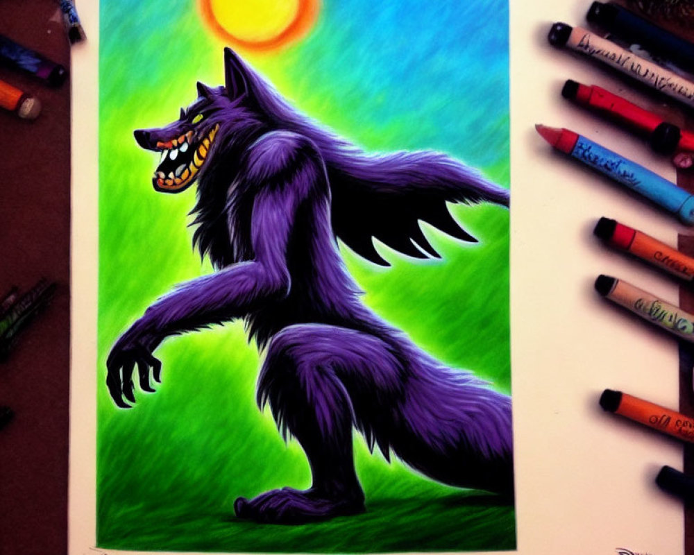 Colorful drawing of grinning werewolf under full moon.