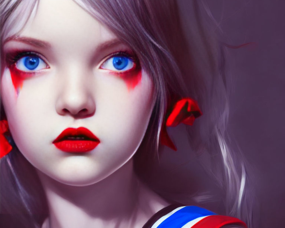 Animated character with blue eyes, red cheek marks, ribbon, and striped top