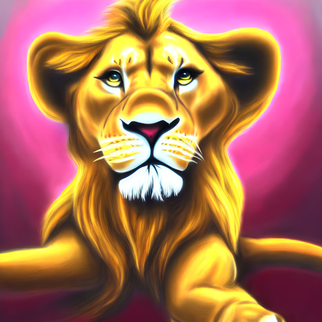 Majestic lion illustration with golden mane on pink and purple background