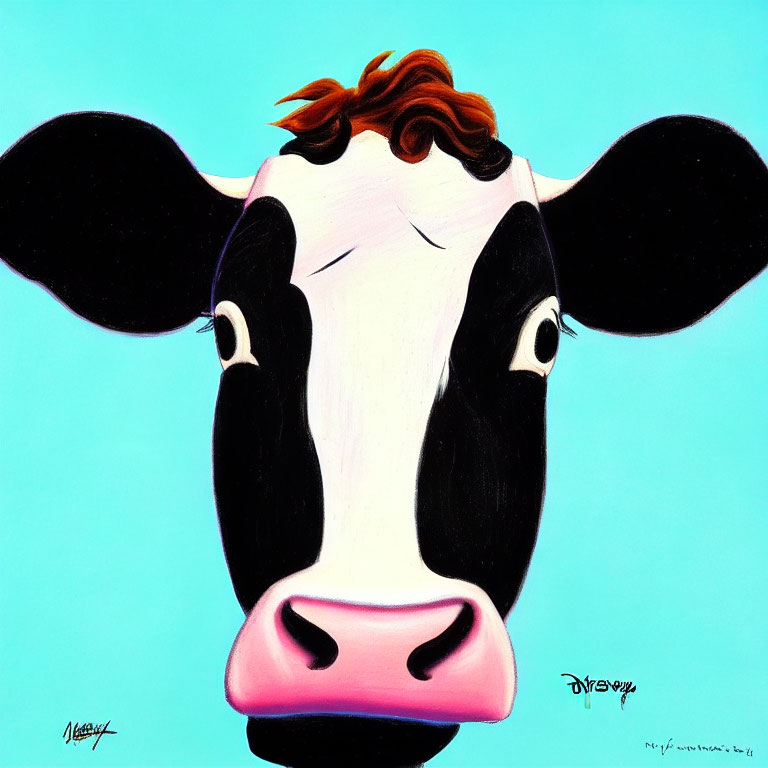 Whimsical cow face painting on bright blue background