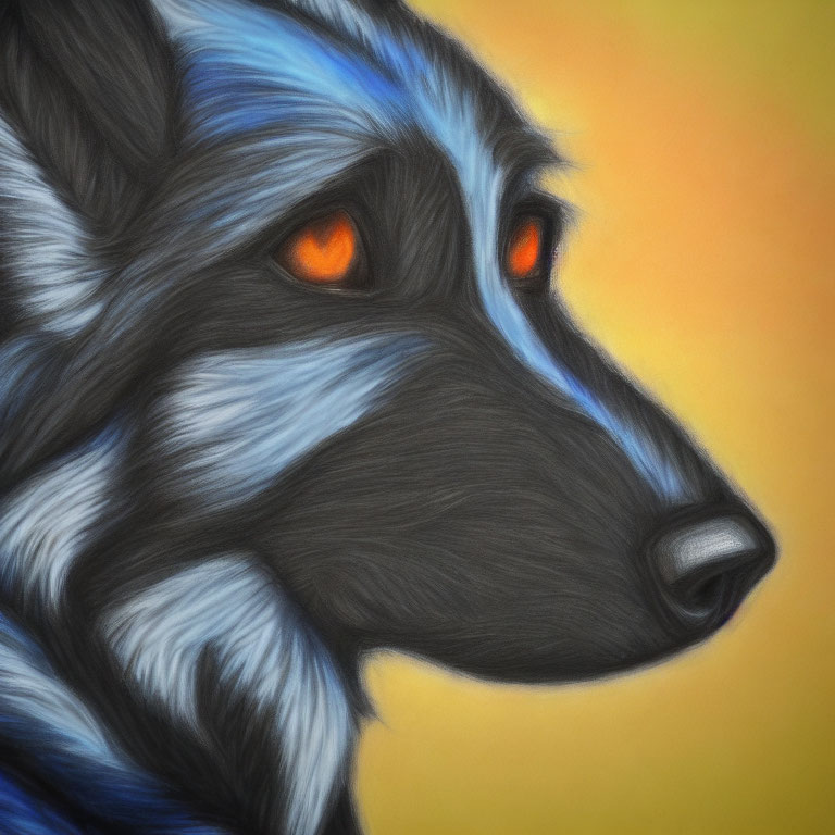 Colorful Wolf Illustration with Orange Eyes and Blue-Gray Fur