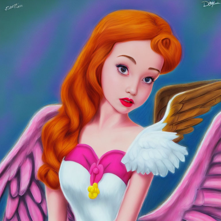 Vibrant fairy illustration with pink wings and red hair