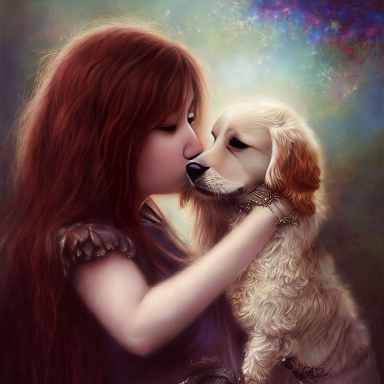 Red-haired woman nuzzling cream puppy in colorful setting