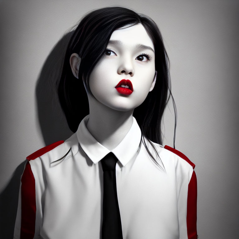 Monochromatic image of female with red lips and grayscale outfit