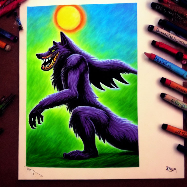 Colorful drawing of grinning werewolf under full moon.