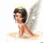 Brown-Haired Woman with Blue Angel Wings in Thoughful Pose