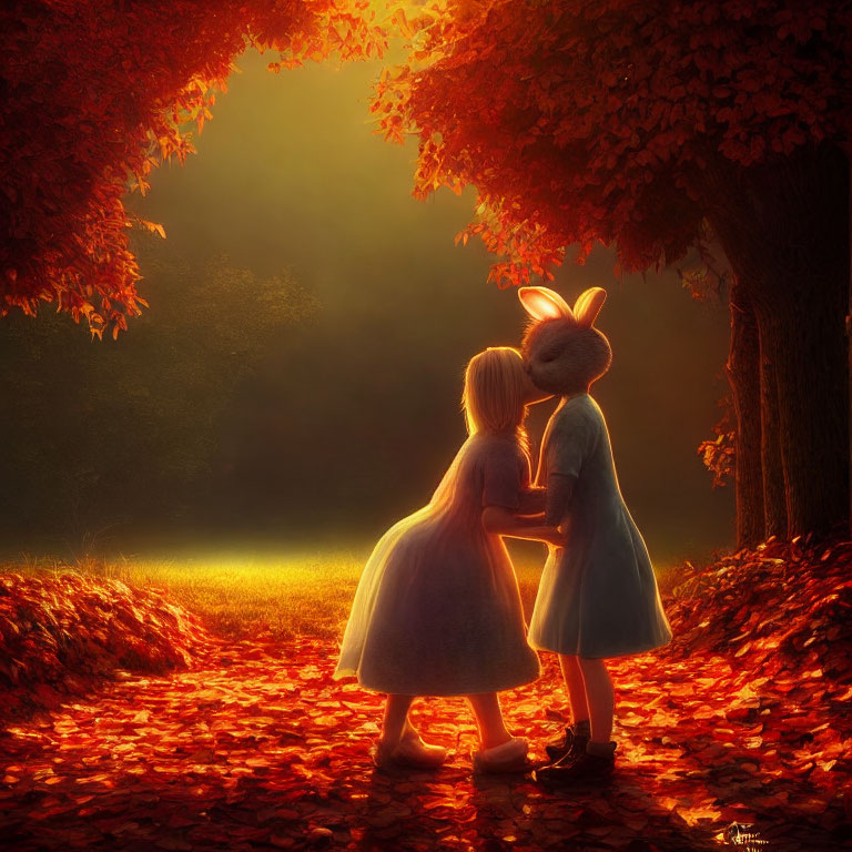 Young girl in dress with rabbit-like figure in autumn forest with warm light