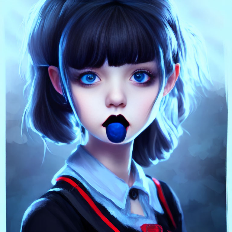 Stylized digital art: young girl with blue eyes, dark hair, and pill on tongue