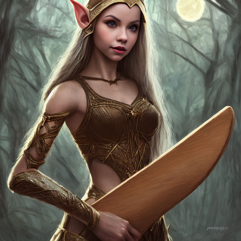 Elf in Golden Armor Holds Shield in Misty Forest