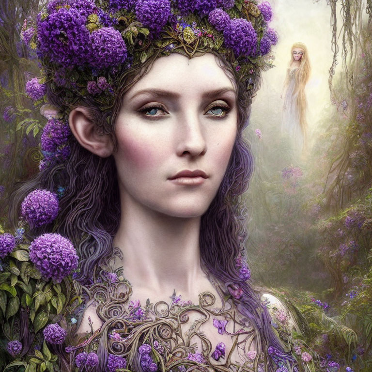 Portrait of a woman with elfin features in purple floral attire against enchanted forest.