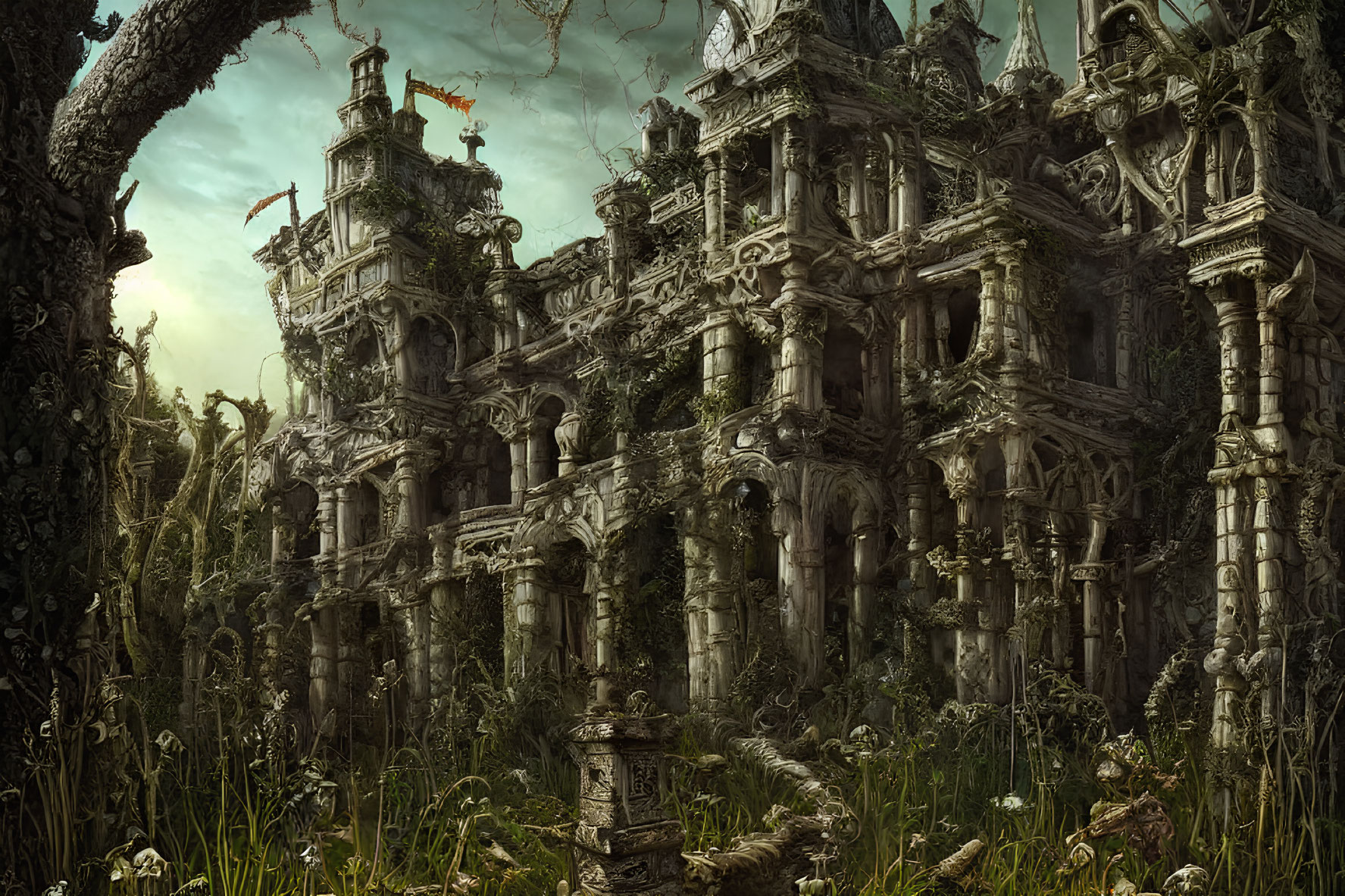 Abandoned stone palace with weathered statues in eerie forest