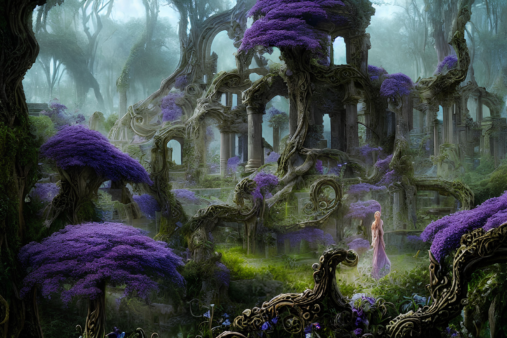 Enchanting scene: Purple foliage, ruins, river, fog, and woman in dress