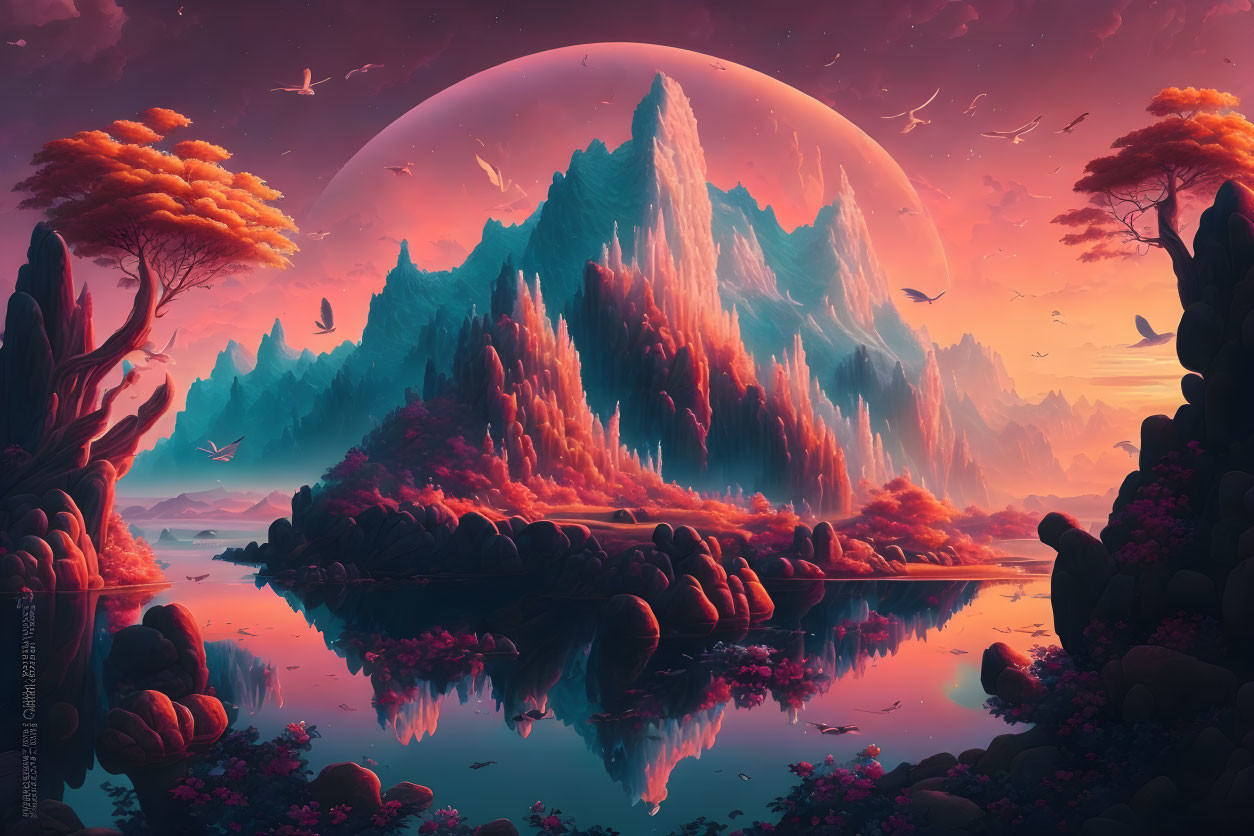 Colorful fantasy landscape with large moon, pink mountains, lake reflection, birds, and vibrant trees