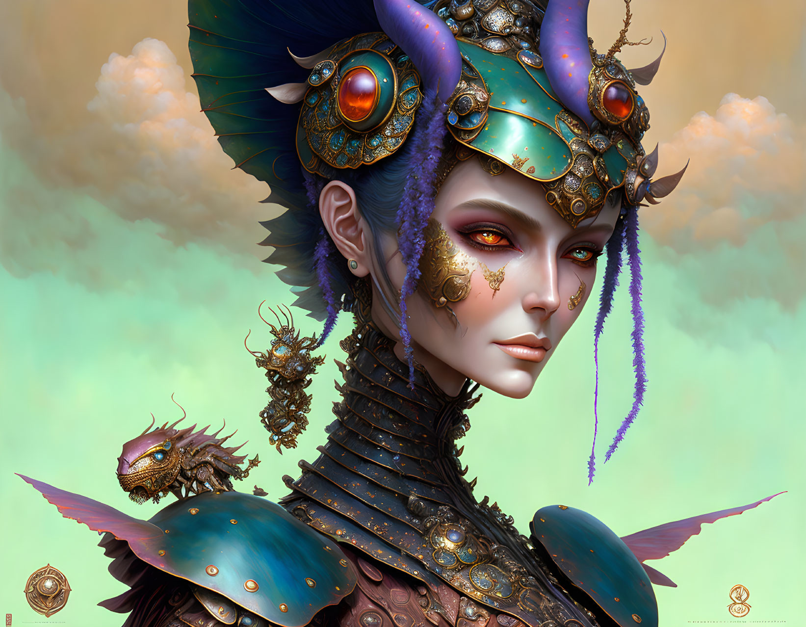 Fantasy digital artwork of female figure with gold and turquoise headgear