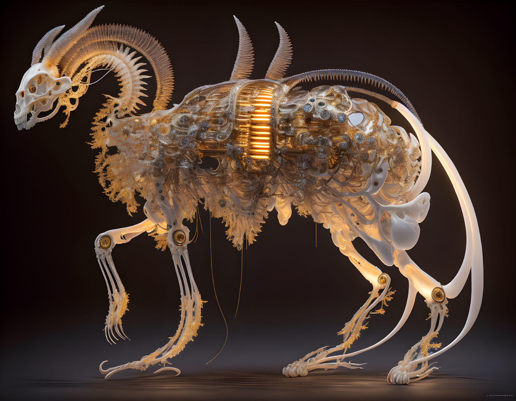 Intricate biomechanical creature with skeletal structure and scythe-shaped tail