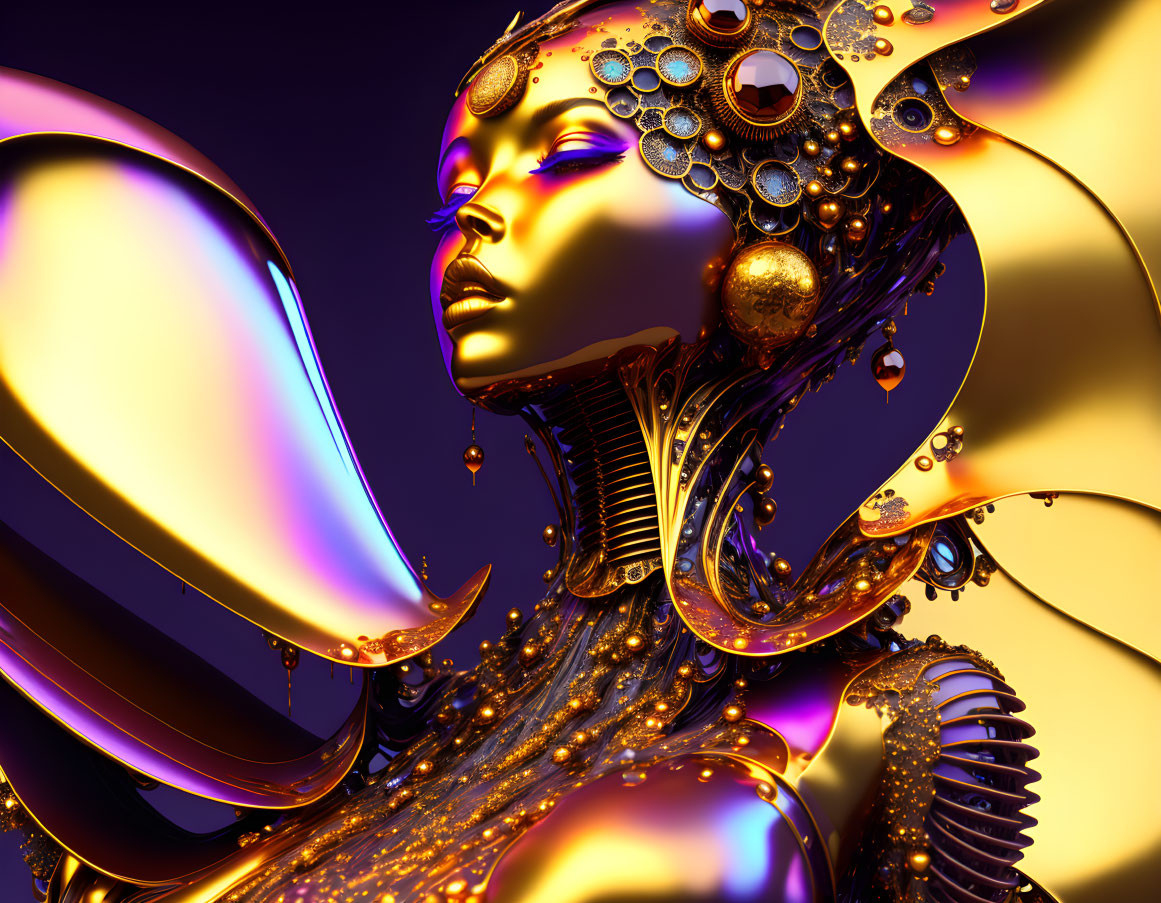 Detailed 3D illustration of futuristic being with golden textures