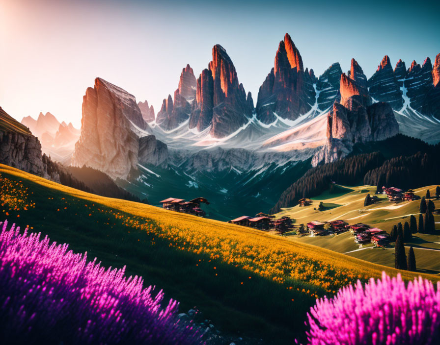 Alpine meadow with purple flowers, village, and mountain peaks at sunset