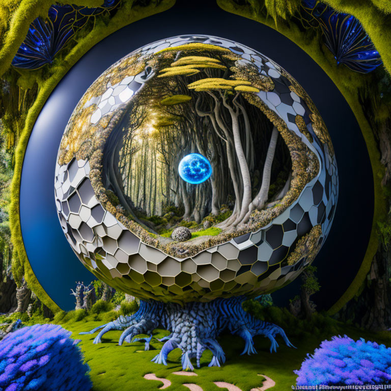 Surreal landscape with spherical structure in dense forest and vibrant blue flora