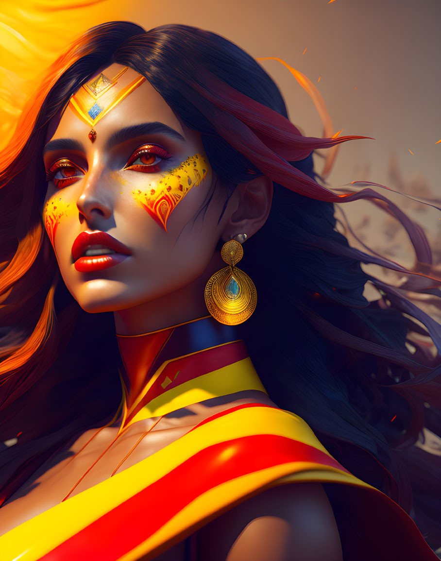 Digital portrait of woman with face paint and flowing hair in warm hues