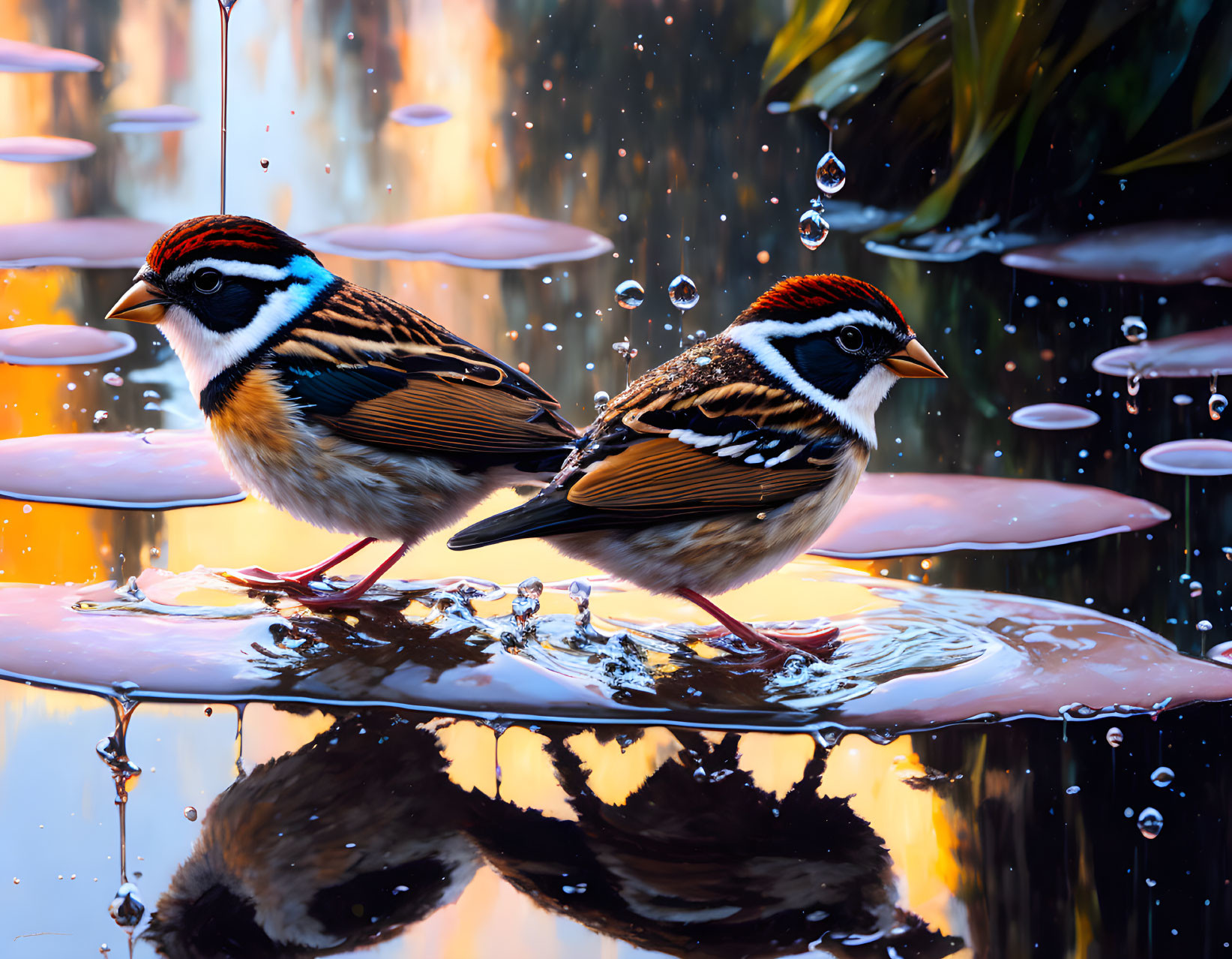 Colorful Birds on Mushroom Cap with Water Droplets in Blurred Background