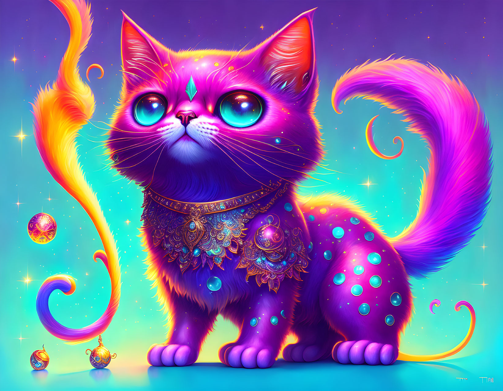 Colorful digital art: mystical purple cat with blue eyes, ornate jewelry, glowing fur, flames