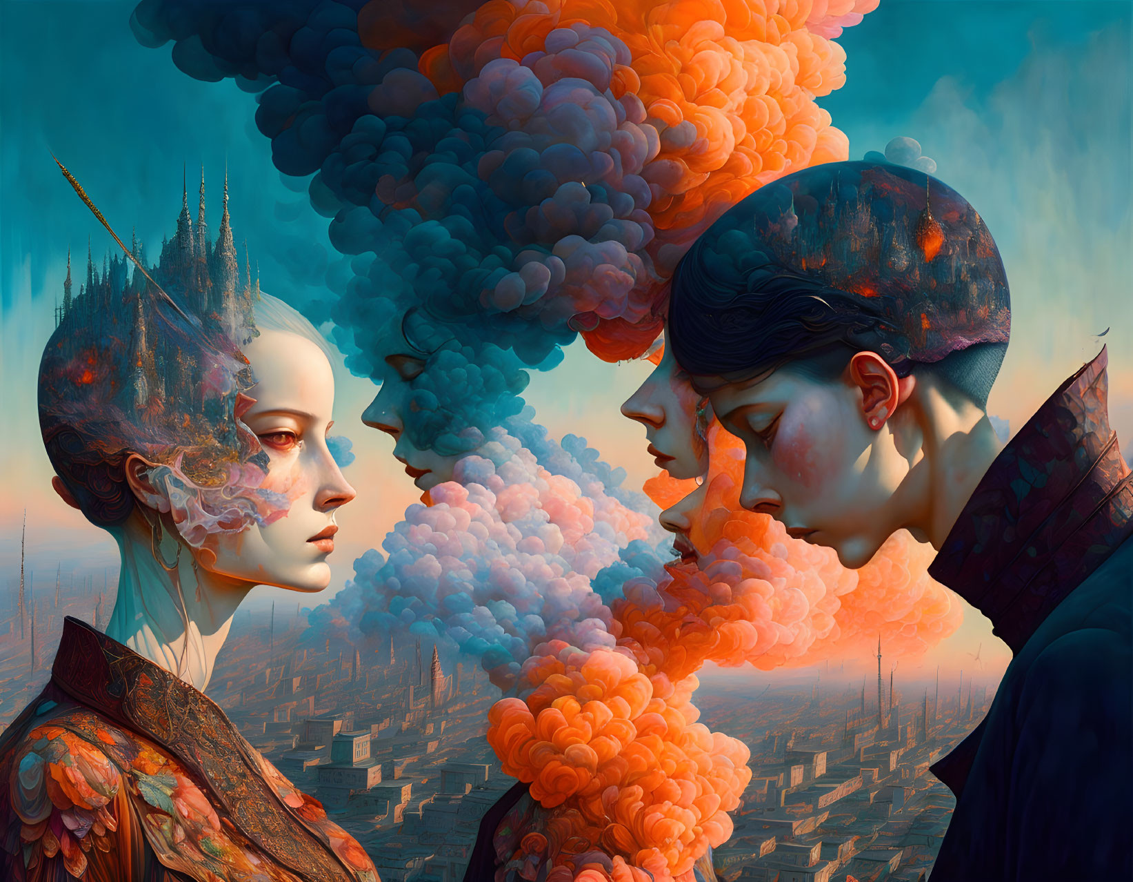 Surreal Artwork Featuring Two Figures with Elaborate Headwear and Colorful Clouds